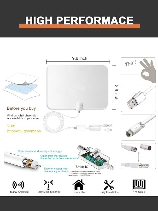 TV Antenna Indoor, 2025 Upgraded Amplified HD Digital TV Antenna for Smart and Older TV’s Up to 900 Miles, Digital HDTV Antenna Support 4K 1080p VHF UHF Local Channels (White)