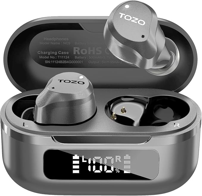 TOZO Hybrid Active Noise Cancelling Wireless Earbuds, 6 Mics ENC Clear Call, IPX8 Waterproof, in Ear Bluetooth 5.3 Headphones Stereo Bass Ear Buds 59H Playtime with LED Display 32 EQs via APP