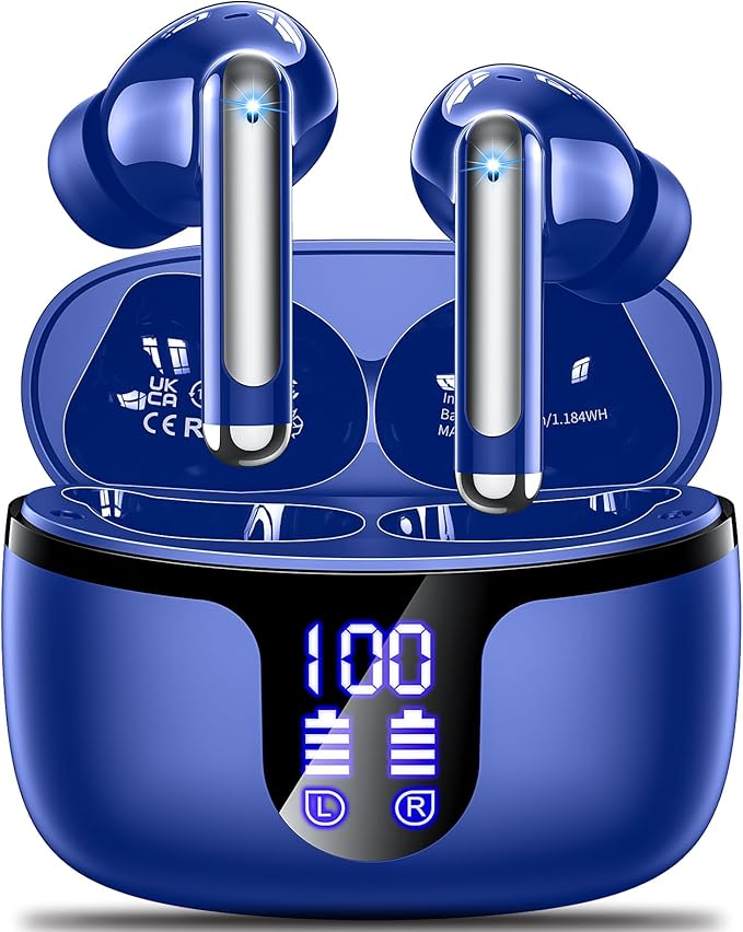 S48 wireless earbuds Blue Headphones bluetooth 5.4 42h Duration Playback for running/fitness/office use. Equipped with 4 noise cancelling microphones, IPX7 waterproof and LDE battery display screen