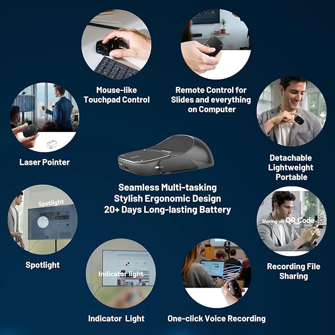 Cheerdots2 Bluetooth Detachable Air Mouse Touchpad Mouse with Voice Recording, Presentation Clicker Wireless Presenter Presentation Remote with Laser Pointer for Mac, Windows (Recording, Black)