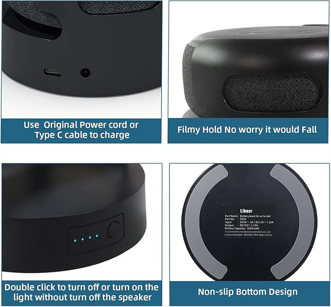 Battery Base for Echo Dot 3rd Gen Battery Stand Portable Charger for Dot 3rd and Google Mini 2 Back up Battery 8 Hours Play time, Not Include dot Speaker (Black 5200)…
