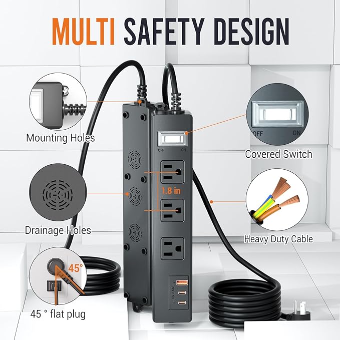VNJ Outdoor Power Strip with 3AC Outlets + 3USB Ports, IPX6 Waterproof Surge Protector, Safety Lock Design and ETL-Certified Cables, 10FT Extension Cord for Home, Garden, and Commercial Use