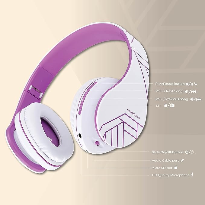PowerLocus Bluetooth Over-Ear Headphones, Wireless Stereo Foldable Headphones Wireless and Wired Headsets with Built-in Mic, Micro SD/TF, FM for iPhone/Samsung/iPad/PC (White/Violet)