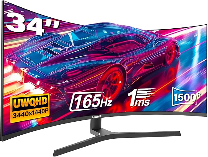 34 Inch Ultrawide Curved Gaming Monitor, 1500R PC Screen UWQHD 3440x1440, 165hz Curved Computer Screen with FreeSync-Black