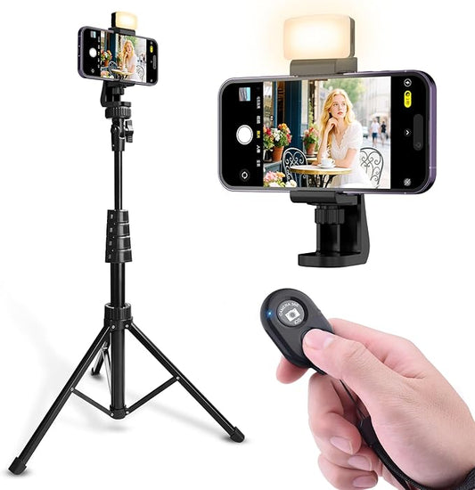 62" Phone Tripod with Tripod Mount Adapter & LED Light, Extendable Phone Tripod Stand with Wireless Camera Remote for iPhone, Android Phone Wrist Strap Included (Black-Tripod)