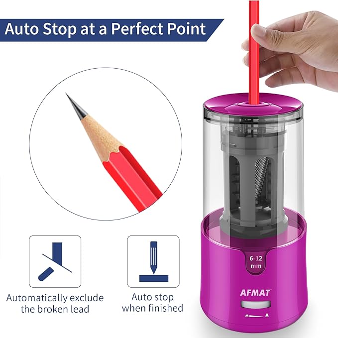 AFMAT PS91 Electric Pencil Sharpener for Colored Pencils, Auto Stop, Fast Sharpen in 3s, Large Hole Pencil Sharpener Plug in for 6-12mm No.2/Jumbo Pencils - Purple