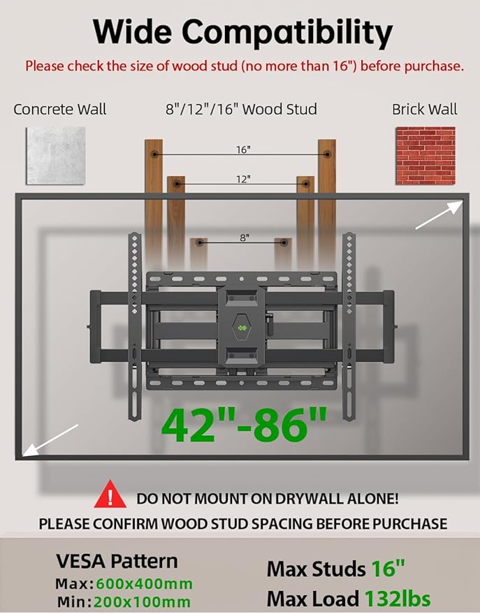 USX Mount Full Motion TV Wall Mount for Most 42-86 inch Flat Screen/LED/4K, TV Mount Bracket Dual Swivel Articulating Tilt 6 Arms, Max 16" Wood Studs, VESA 600x400mm, Holds up to 132lbs