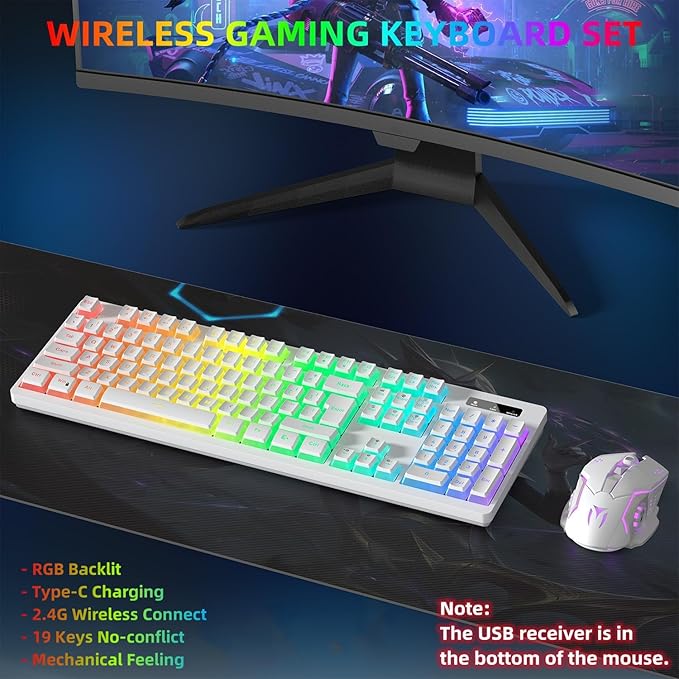 Wireless Gaming Keyboard and Mouse Combo - RGB Backlit, Rechargeable, Ergonomic, for Gaming Work, Long-Lasting Built-in Battery (White)