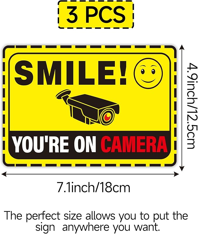 3PCS Smile Your On Camera Sign, Self-Adhesive Waterproof and Fade-Resistant Security Camera Sticker,You Are Being Recorded Sign for Home, Office, Shop, Door（7.7" x 5.3"）
