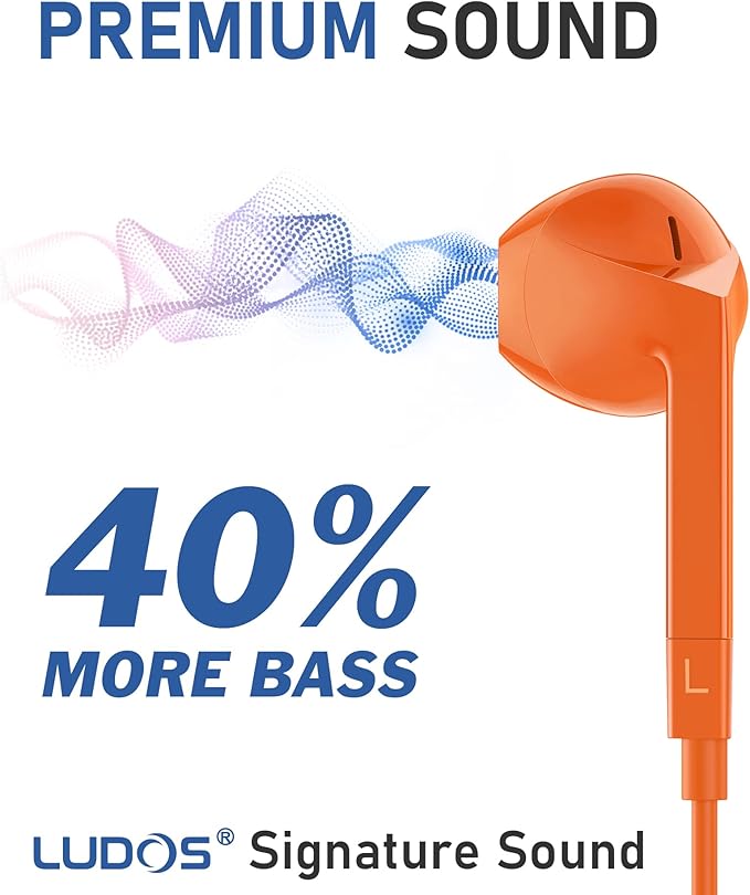 LUDOS FEROX Wired Earbuds in-Ear Headphones, 5 Years Warranty, Earphones with Microphone, Noise Isolation Corded for 3.5mm Jack Ear Buds for iPhone, Samsung, Laptop, Kids, School Students - Orange