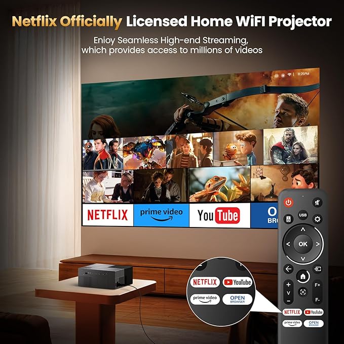 [Netflix Officially/1000 ANSI/Dolby Audio]Smart Projector with WiFi 6 and Bluetooth 5.3, 4K Outdoor Movie Projector, Electric Focus & AI Auto Keystone Portable Native 1080P Proyector (Grey)