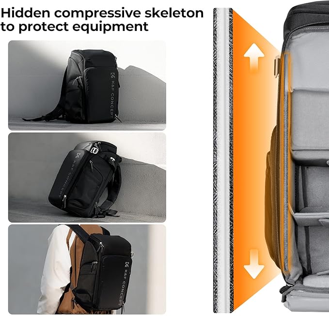 K&F Concept Camera bags Waterproof 25L Large Capacity Camera Case with Raincover Camera Case 15.6 Inch Laptop Compartment Compatible with Canon/Nikon/Sony/DJI Mavic Drone Travel Camera Backpack