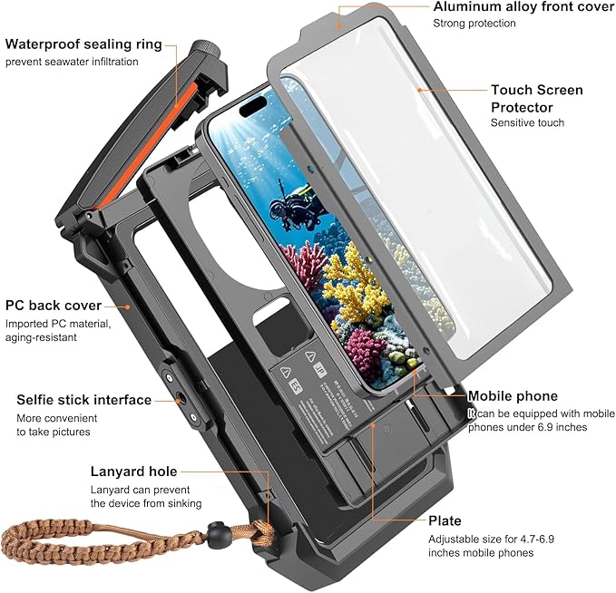 Waterproof Phone Case for Snorkeling & Diving (98ft/30m), Professional Waterproof Diving Case for Underwater Photo&Video, Universal Underwater Touchscreen Case Compatible with iPhone Black