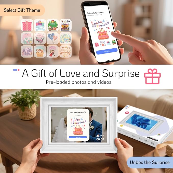 NexFoto Touchscreen Digital Picture Frame 10.1 Inch, WiFi Photo Frame Electronic 64GB, Add Photos from Google Photos, Easy to Share Videos via App/USB/Micro SD, for Mom/Birthday, White Wood