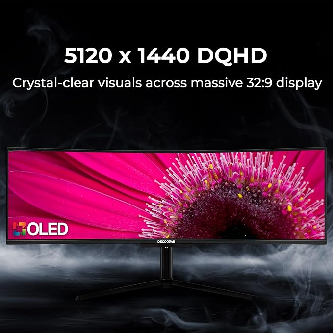 Deco Gear 49" QD-OLED Curved Ultrawide Gaming Monitor w/ 5120x1440, 144Hz, HDR400 True Black, 0.03ms, AdaptiveSync Premium, 100% sRGB, HDMI 2.1, 90W USB-C, Built-in Speakers, Height Adjustable Stand