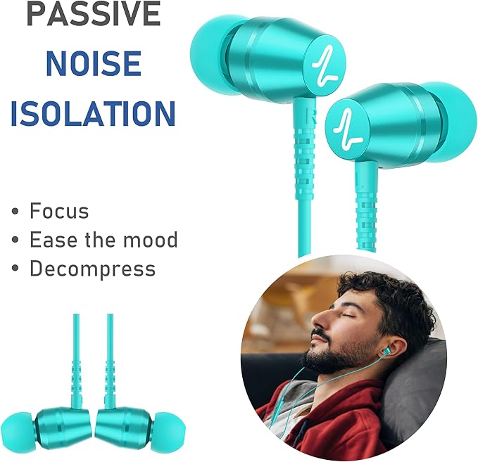 LUDOS OMNITONE Wired Earbuds in-Ear Headphones, 5 Years Warranty, Earphones with Microphone, 3.5 mm Jack Corded Ear Buds, Videoconference for iPhone, Samsung, Laptop, Kids, School Students - Turquoise