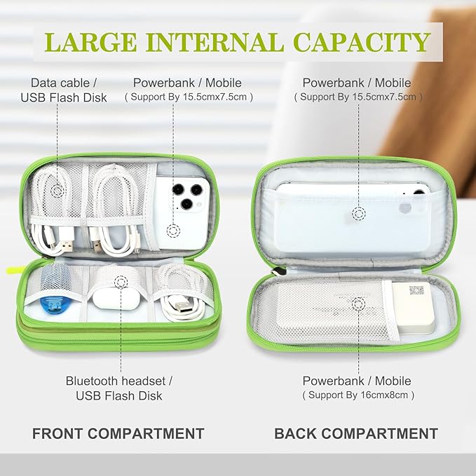 FYY Travel Cable Organizer Pouch Electronic Accessories Carry Case Portable Waterproof Double Layers All-in-One Storage Bag for Cord, Charger, Phone, Earphone Green
