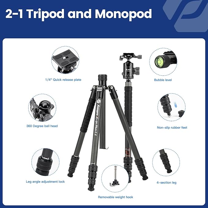 Fotopro 73" Carbon Fiber Tripod for Camera Compact Travel Tripod with Ball Head Detachable Monopod with Quick Release Plate and Camera Bag Load up to 22lbs/10KG X-Go Plus E2 Black