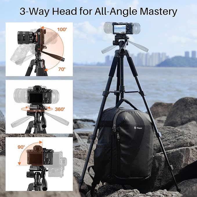 Fotopro 69'' Camera Tripod Lightweight Portable Travel Tripod for Camera and Phone with Detachable 3-Way Pan Head Phone Stand for Video Recording with Carry Bag and Cellphone Clip, Max Load 6.6lb