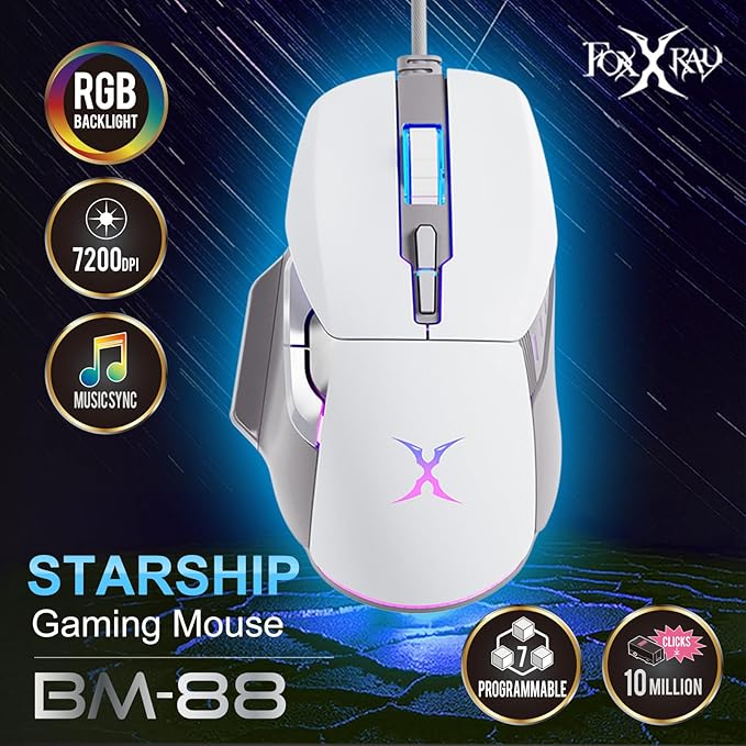 BM-88 Wired Gaming Mouse, 7200 DPI, Musicsync RGB Backlit, 7 Programmable Buttons with 13 Lighting Effects, Braided Cable - White