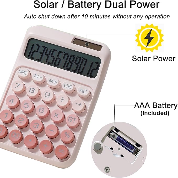 Desk Calculator, Cute 12 Digits Large LCD Display Merchanical Calculator Big Buttons for School,Office,Home,Business, Solar and Battery Dual Power, Battery Include (Pink)