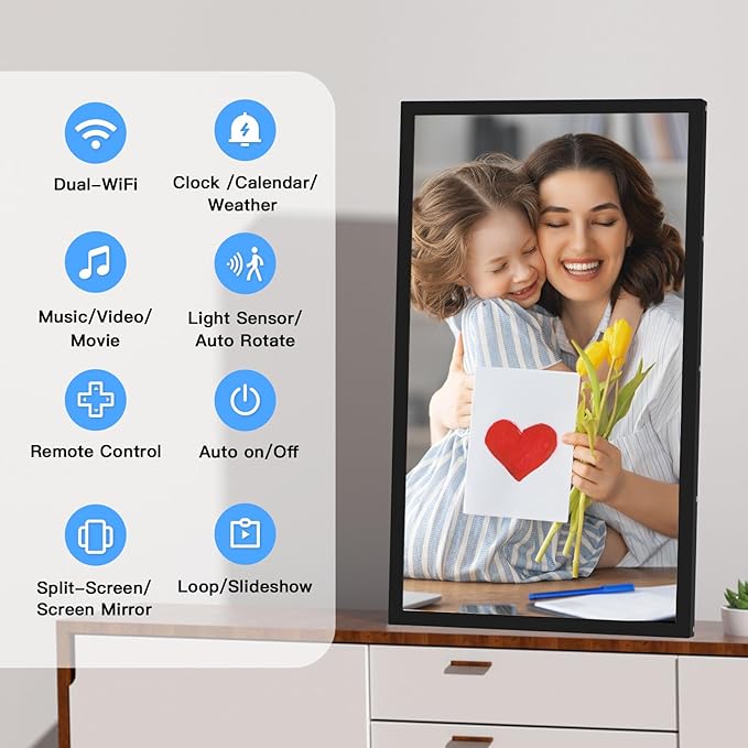 Large Digital Picture Frame 21.5" WiFi Photo-Frame - 32GB 1920x1080 FHD 1080P Digital Frame, Sync Phone, Mirror its Screen on Smart Frame, Share Photo Video via App Email, Wall Mounted, Gifts for Mom