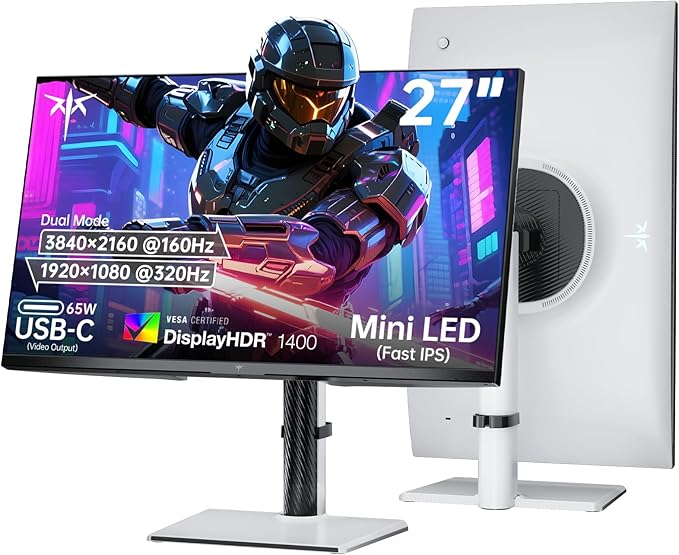 KTC 27 Inch Dual Mode Mini LED Monitor - 4K UHD at 160Hz & 1080P FHD 320Hz Gaming Monitor, 65W Type-C Port, HDR1400 Fast IPS Panel, Adaptive-Sync, HDMI 2.1 & DP 1.4, Height Adjustment, VESA Wall Mount