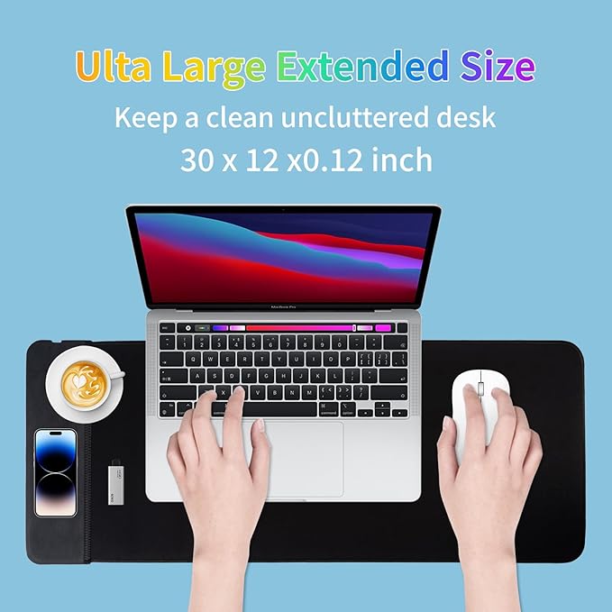 15W Large Gaming Mouse Pad with Superior Micro-Weave Cloth, Extended Desk Mousepad with Stitched Edges, Non-Slip Base, Water Resist Keyboard Pad for Gamer, Office & Home, 30 x 12 in, Black