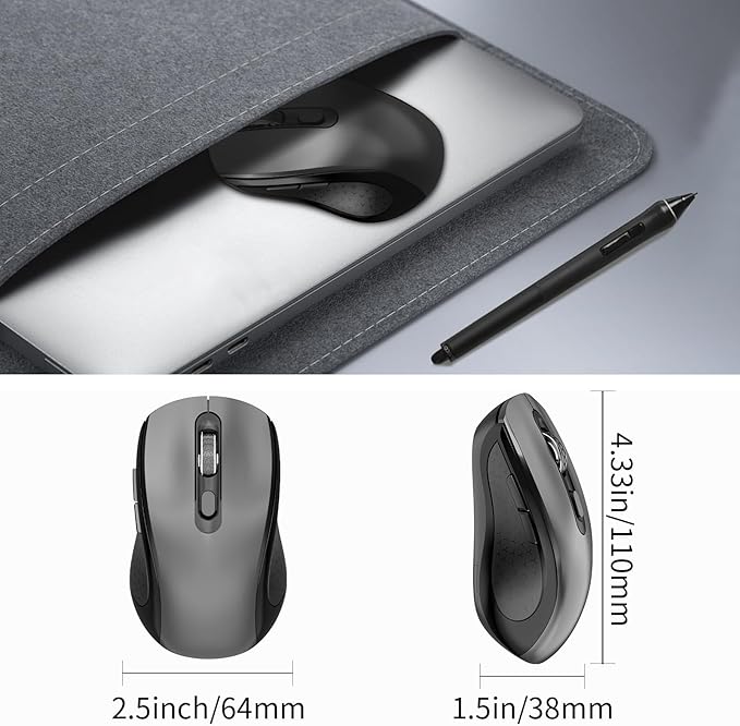 Wireless Mouse Ergonomic, Side Buttons Mouse, 2400 DPI, Silent and Anti Slip Roller Cordless Mice, 2.4Ghz with USB Receiver, 6 Buttons, Suitable for Laptop PC Chromebook and Windows 11/10/7 - Grey