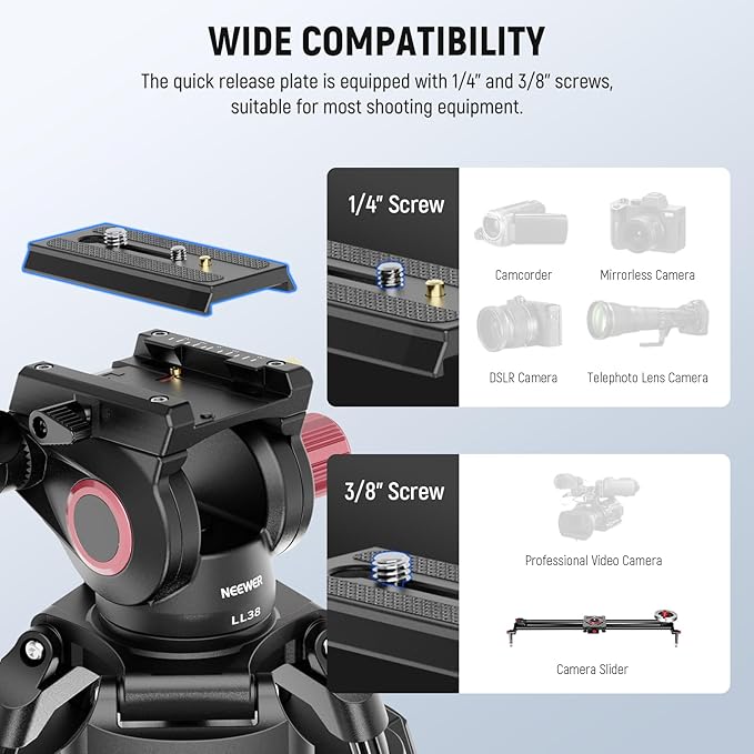 NEEWER LL38 79"/2m Video Camera Tripod with Fluid Head & Cleaning Cloth, Metal Heavy Duty Tripod Stand with One Step Quick Release Plate Compatible with Canon Nikon Sony Camcorder, Max Load 17.6lb