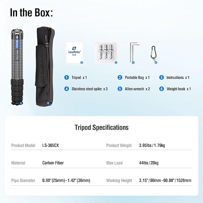 LEOFOTO LS-365CX Professional Camera Tripod, 3/8" Mounting, Folded 3", Length 60”, 5 Section, Compact Carbon Fiber 1.77kg Lightweight Tripod Stand for DSLR Video Camcorder, Max Load 44lbs/20kg
