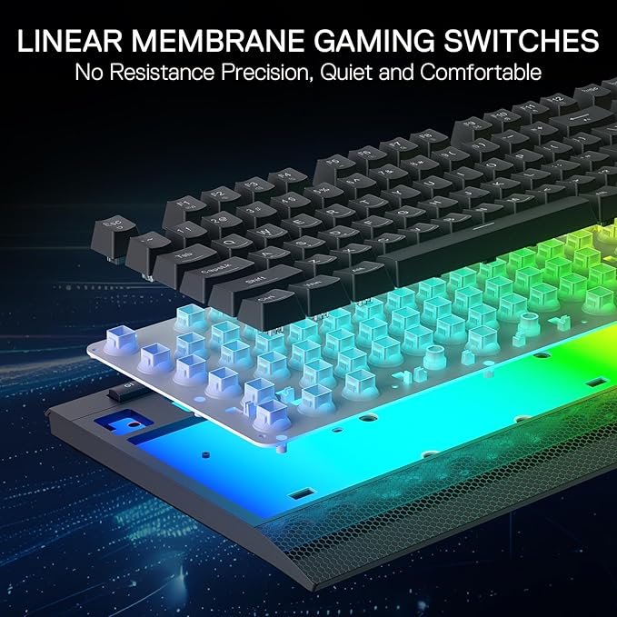 Redragon K525 RGB Backlit 104 Keys Wired Membrane Gaming Keyboard w/ 5 Multimedia Keys & 4 Extra On-Board Macro Keys, Dedicated Media Control, Ergonomic Wrist Rest, Linear Mechanical-Feel Switch