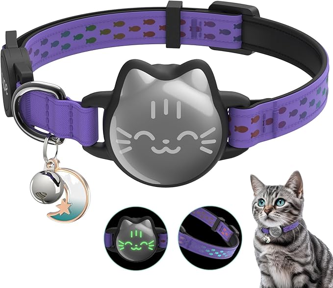 Waterproof Airtag Cat Collar, Breakaway Cat Airtag Collar with Luminous & Reflective Pattern Strap, Lightweight Kitten Collars for Apple Air tag, Hidden Holder for GPS Tracker - Cats, Kittens (9-13")