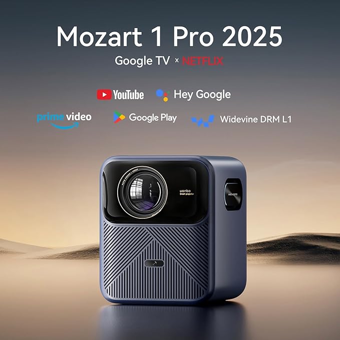 [Google TV/ 1200 ANSI/ HDR 10] Wanbo Mozart 1 Pro 4K Smart Projector with WiFi and Bluetooth. Outdoor & Home Movie Proyector, 20W Speakers, 1080P Auto Focus & Keystone, (2025)