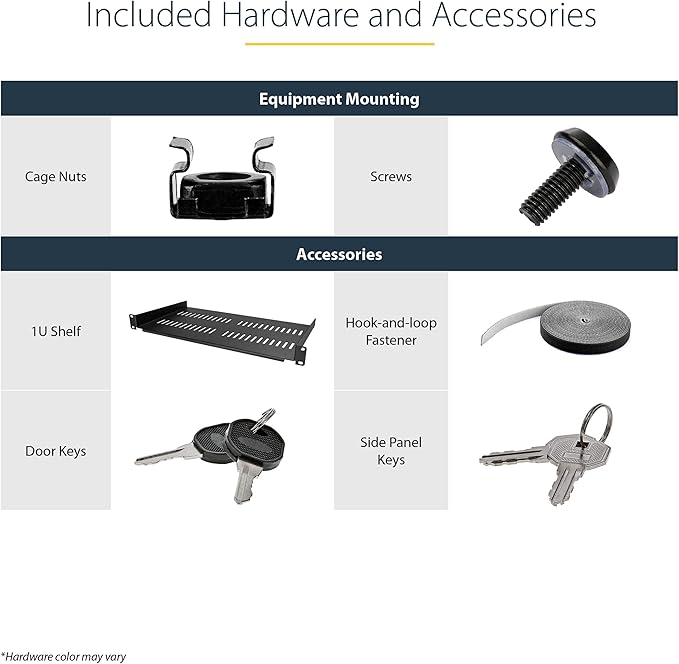 StarTech.com 4-Post 12U Wall Mount Network Cabinet with 1U Shelf, 19in Wall-Mounted Server Rack Kit, Up to 16in Mounting Depth, Ships Fully Assembled