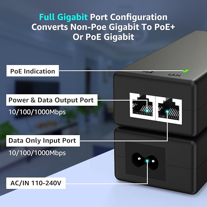 YuanLey Gigabit PoE Injector Adapter 30W, Converts Non-PoE to PoE Gigabit, Power Over Ethernet Injector 48V IEEE 802.3af/at, 10/100/1000Mbps PoE+ Injector Adapter Plug & Play, Distances Up to 325 Feet