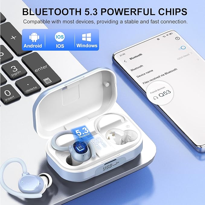 Wireless Earbuds Bluetooth Headphones 120hrs Playtime HiFi Stereo Wireless Headphones with Mic Deep Bass Earphones with Dual LED Display USB-C IP7 Waterproof Earbuds for Running Sports Blue