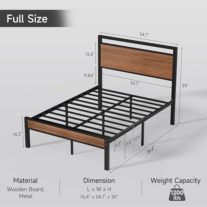 Z-hom Upgraded Full Size Bed Frame, Heavy Duty Metal Sturdy Full Bed Frame with Modern Wood Headboard & Footboard, Stable Platform Bed Furniture Bed Storage, No Noise, No Box Springs,Walnut