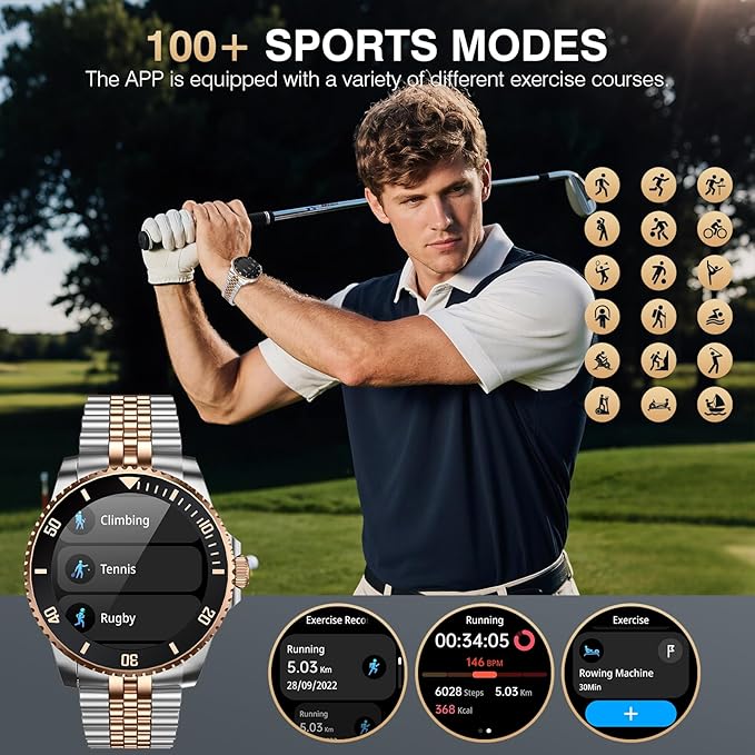 2025 DA GPT Smart Watch with Bluetooth Call,1.19-inch AMOLED Display, 24/7 Heart Rate, Blood Oxygen, Blood Pressure, Sleep Monitor, 107 Sports Fitness Tracker, Compatible Android and iOS Silver Gold