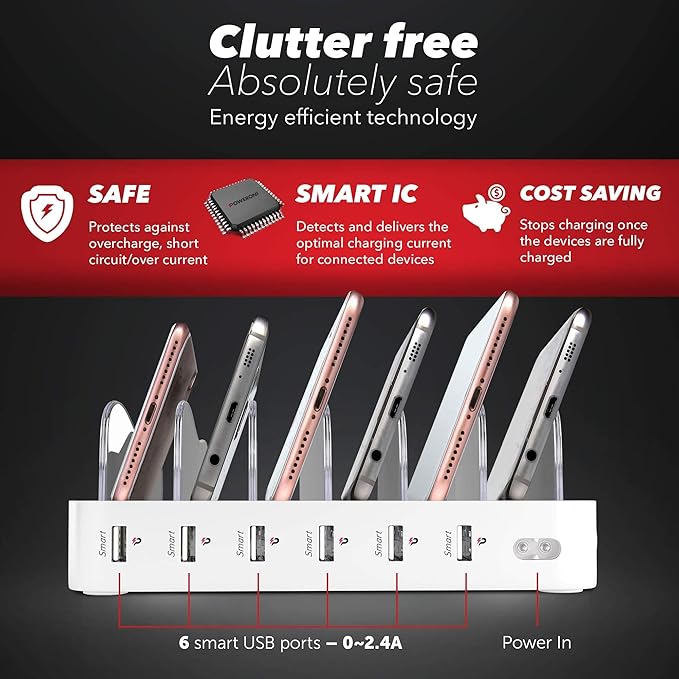 USB Charging Dock - 6-Port - Fast Charging Station for Multiple Devices Apple - Multi Device Charger Station - Compatible with Apple iPad iPhone and Android Cell Phone and Tablet