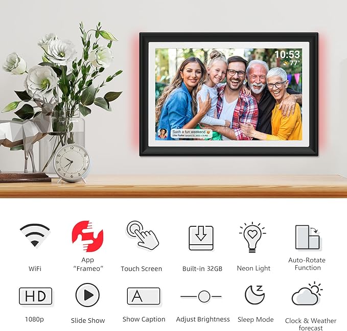 32GB FRAMEO 10.1 Inch WiFi Digital Photo Frame with LED Light, 1280x800 HD IPS LCD Touch Screen, Auto-Rotate Portrait and Landscape, 32GB Storage, Share Moments Instantly via Frameo App from Anywhere
