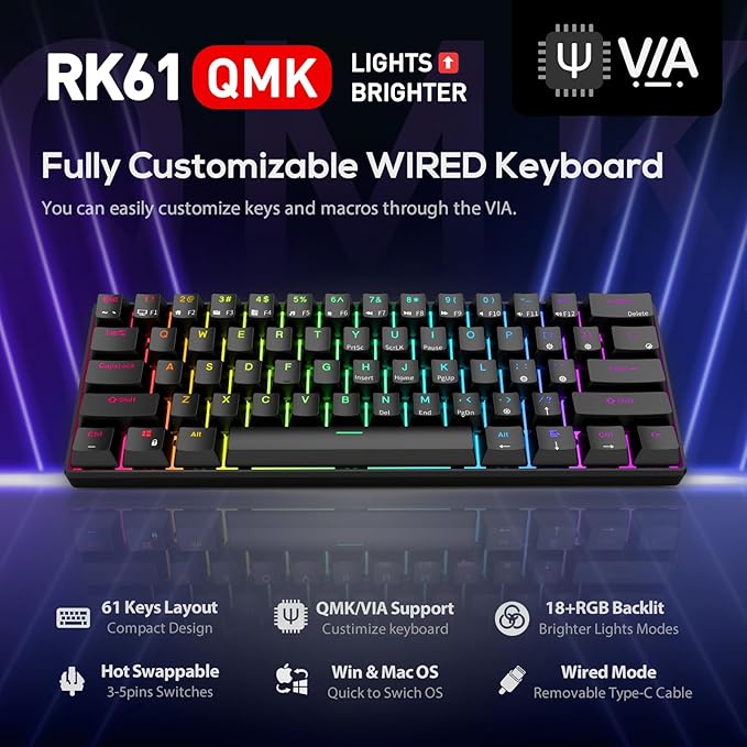 RK ROYAL KLUDGE RK61 Wired 60% Mechanical Gaming Keyboard Programmable QMK/VIA RGB Backlit 61 Keys Ultra-Compact Hot Swappable Brown Switch Black