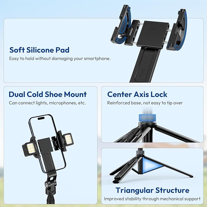 ULANZI TT88 Magnetic Tripod for iPhone 17, 57" Extendable Selfie Stick w Remote, 2-in-1 Phone Clip & Dual Cold Shoe Mounts-Lightweight Phone Tripod Stand for Vlogging, Travel, Video Recording, White