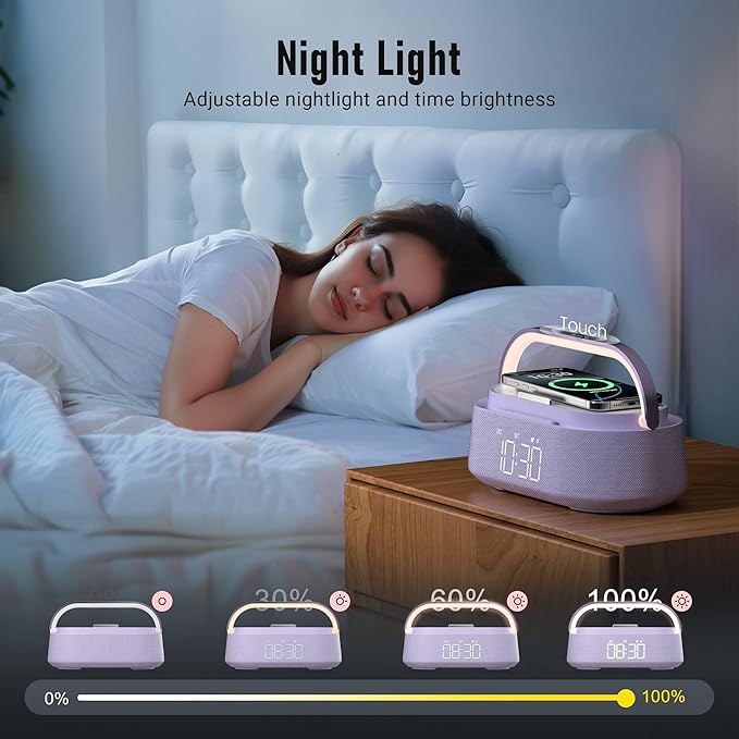 Bluetooth Speaker with Wireless Charger, FM Radio, Dimmer Night Light, Phone Holder, Wireless Charging Speakers for iPhone Samsung, Bedrooms Home Office Gifts