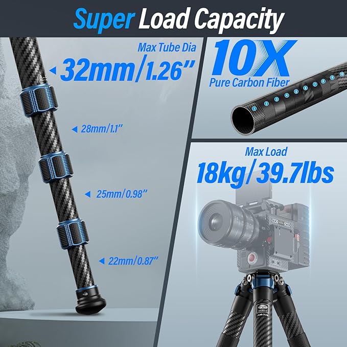 SIRUI AM-324 Professional Camera Tripod, 57” Compact Carbon Fiber Tripod for Mirrorless Camera, DSLR, 4-Section with Max Tube Dia 32mm, Load Up to 39.8lbs/18kg