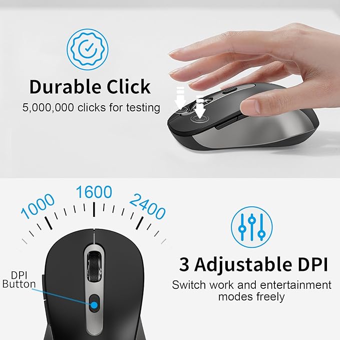 Wireless Mouse for Laptop, PC, Chromebook, Mac, MacBook, Silent Wireless Mouse with USB Nano Receiver, Side Button, 2400 DPI, Anti Slip Roller, 6 Button Ergonomics Cordless Computer Mice - Black Gray