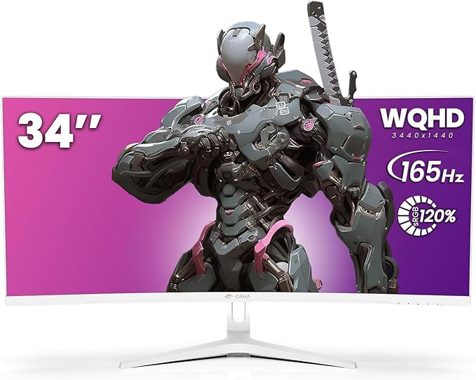 CRUA 34'' White Gaming Monitor 165Hz/144Hz 21:9 1500R Ultrawide Curved Monitor, WQHD 3440X1440 120%sRGB VA Panel Computer Monitor Support Freesync, PIP/PBP, HDMI2.0 & DP1.4, Wall Mount&Tilt Adjustable