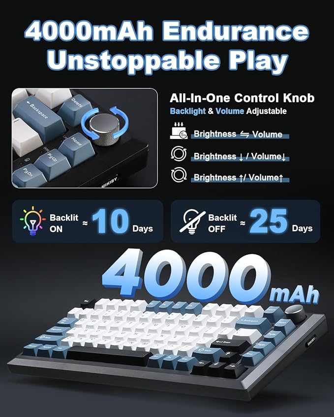 Y75 Wireless Mechanical Keyboard,75% Wireless Gasket RGB Gaming Keyboard,PBT Keycaps,2.4GHz/USB-C/BT5.0 Creamy Keyboard with Knob(Black&Blue,Milk Switch)