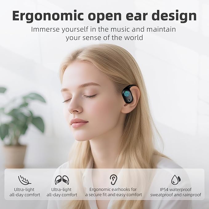 Open Ear Headphones, Bluetooth 5.4 Wireless Earbuds, 40H Playback, with LED Dgital Display, IP54 Waterproof Sports Headphones for Running, Cycling and Gym (Black)