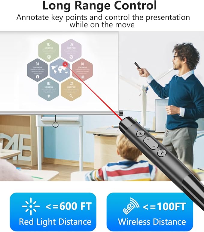 Clicker for PowerPoint Presentations, Wireless Presenter Remote with Stylus Pen & Telescopic Pointer | Hyperlink, Volume Control | Rechargeable USB for PC, Mac